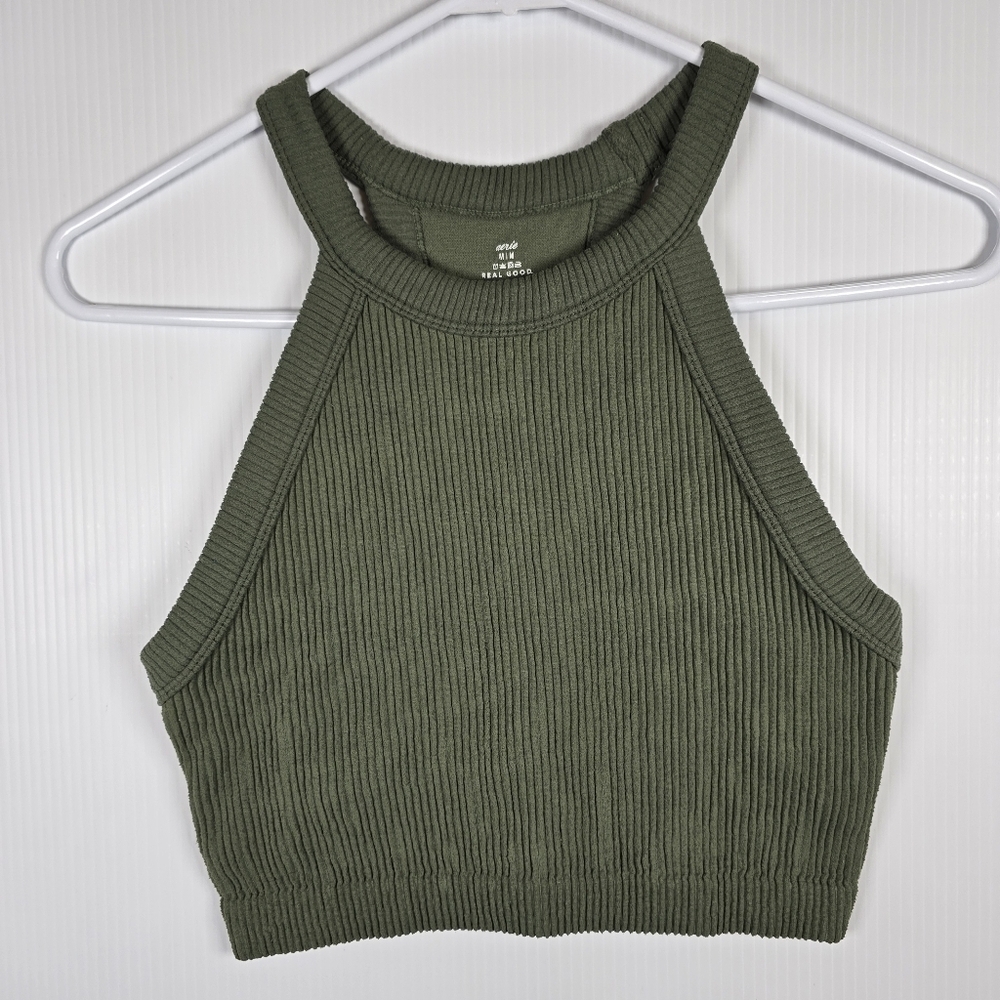 Aerie Women's Olive Green Ribbed Crop Top Racerback Size M - Picture 3 of 12